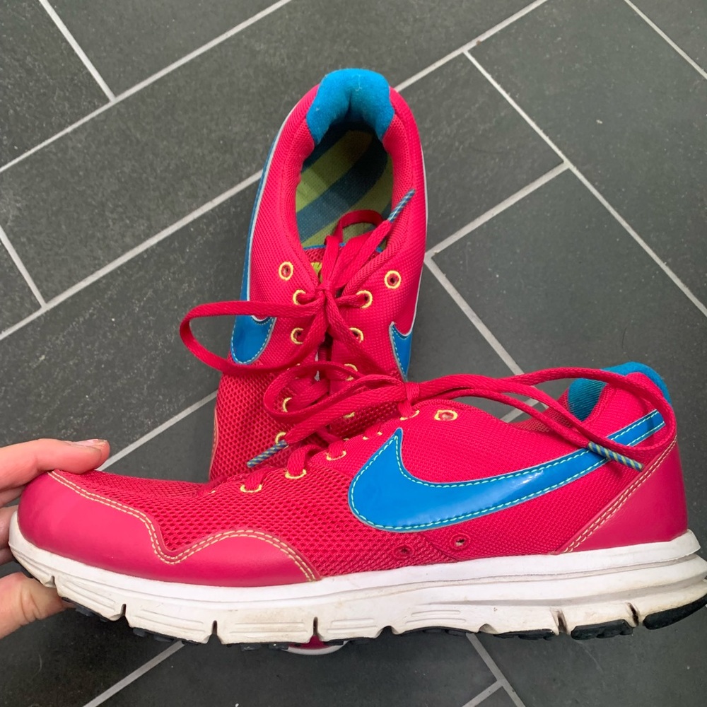 Nike Ladies Lunarlon Sz. 8 Sneakers, Hot Pink, Vibrant Blue & Neon Yellow